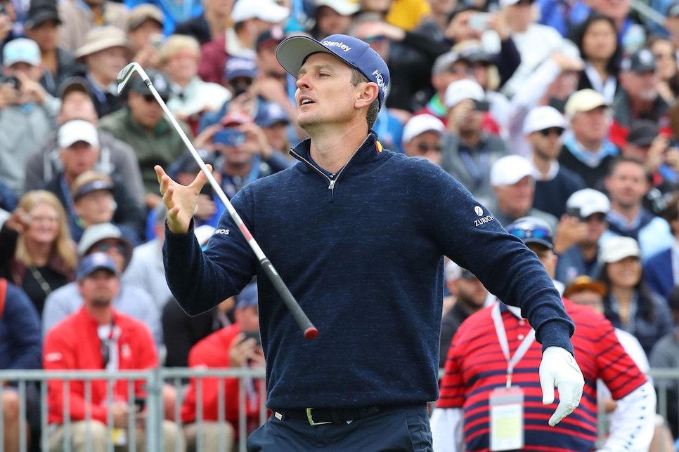 PEBBLE BEACH, CALIFORNIA - JUNE 14: Justin Rose of England reacts to a tee shot on the 17th hole during the second round of the 2019 U.S. Open at Pebble Beach Golf Links on June 14, 2019 in Pebble Beach, California. (Photo by Warren Little/Getty Images)