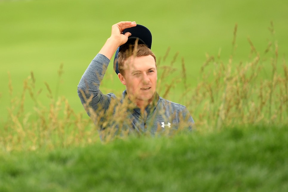 PEBBLE BEACH, CALIFORNIA - JUNE 14: Jordan Spieth of the United States reacts to a shot from a bunker on the second hole during the second round of the 2019 U.S. Open at Pebble Beach Golf Links on June 14, 2019 in Pebble Beach, California. (Photo by Ross Kinnaird/Getty Images)