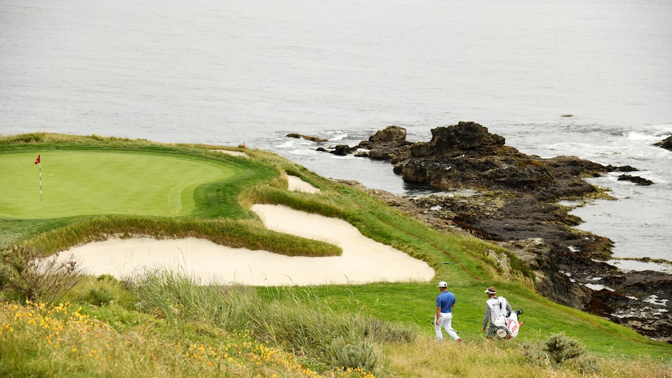 PEBBLE BEACH, CALIFORNIA - JUNE 15: Gary Woodland of the United States and caddie, Brennan Little, walk up the seventh hole during the third round of the 2019 U.S. Open at Pebble Beach Golf Links on June 15, 2019 in Pebble Beach, California. (Photo by Harry How/Getty Images)