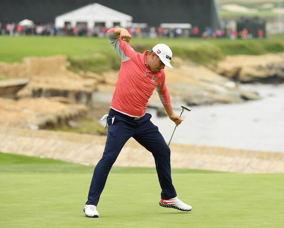 PEBBLE BEACH, CALIFORNIA - JUNE 16: Gary Woodland of the United States celebrates on the 18th green after winning the 2019 U.S. Open at Pebble Beach Golf Links on June 16, 2019 in Pebble Beach, California. (Photo by Ross Kinnaird/Getty Images)