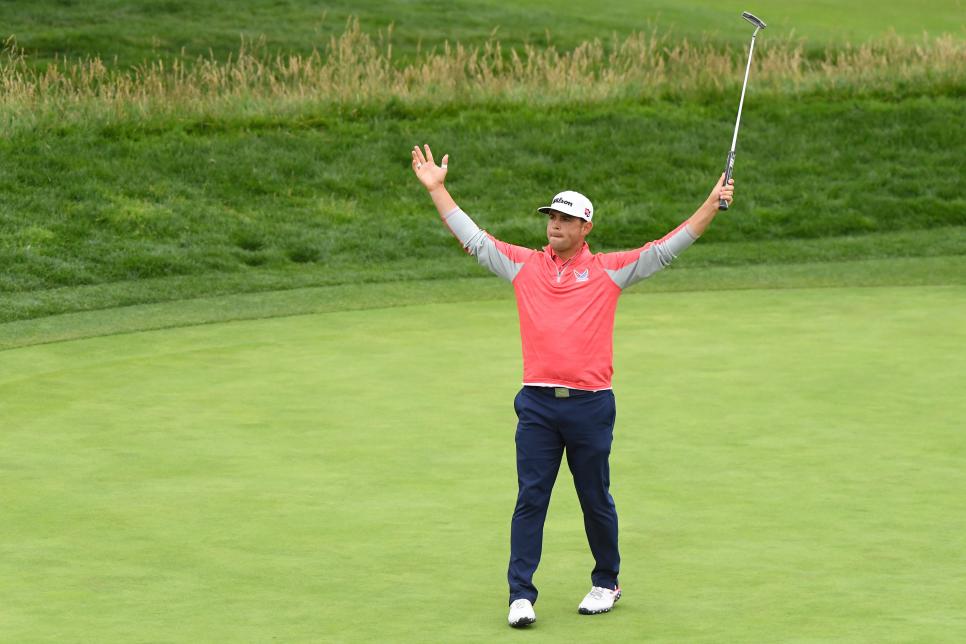 PEBBLE BEACH, CALIFORNIA - JUNE 16: Gary Woodland of the United States celebrates on the 18th green after winning the 2019 U.S. Open at Pebble Beach Golf Links on June 16, 2019 in Pebble Beach, California. (Photo by Harry How/Getty Images)