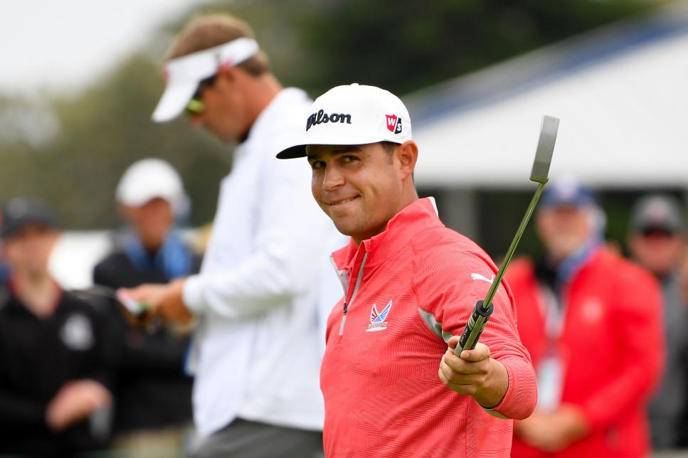 PEBBLE BEACH, CALIFORNIA - JUNE 16: Gary Woodland of the United States reacts after a birdie on the second hole during the final round of the 2019 U.S. Open at Pebble Beach Golf Links on June 16, 2019 in Pebble Beach, California. (Photo by Harry How/Getty Images)