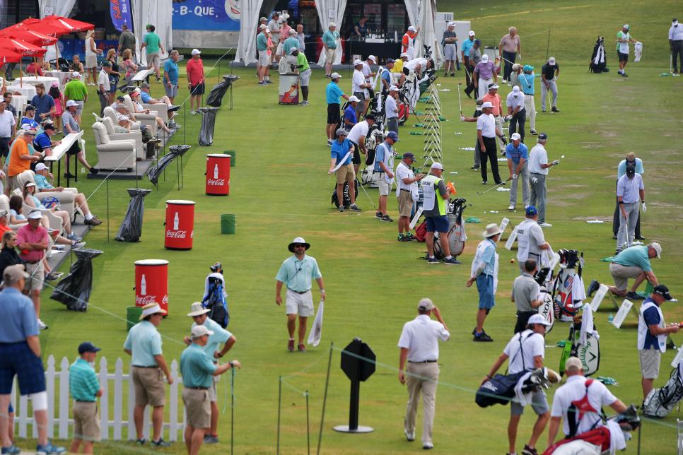 BIRMINGHAM, AL - MAY 19: Fans watch as the players warm up on the driving range before the third round of the Regions Tradition at the Greystone Founders Course on May 19, 2018 in Birmingham, Alabama. (Photo by Drew Hallowell/Getty Images)