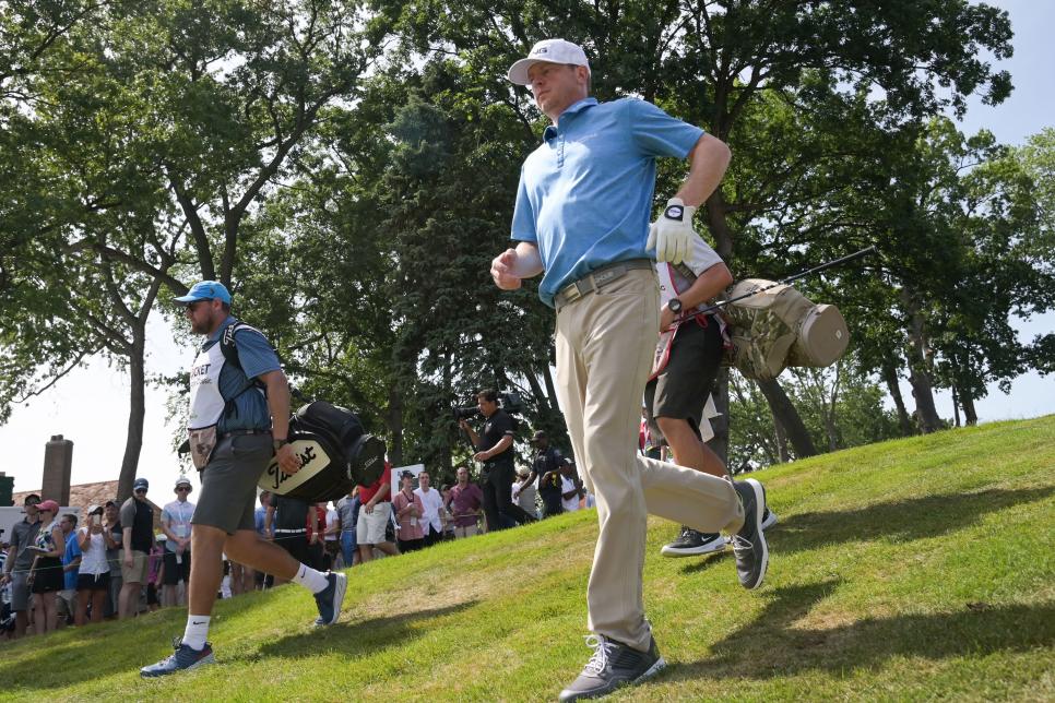 DETROIT, MI - JUNE 30: Nate Lashley runs off the tenth tee box during the final round of the Rocket Mortgage Classic at Detroit Golf Club on June 30, 2019 in Detroit, Michigan. (Photo by Ben Jared/PGA TOUR via Getty Images)