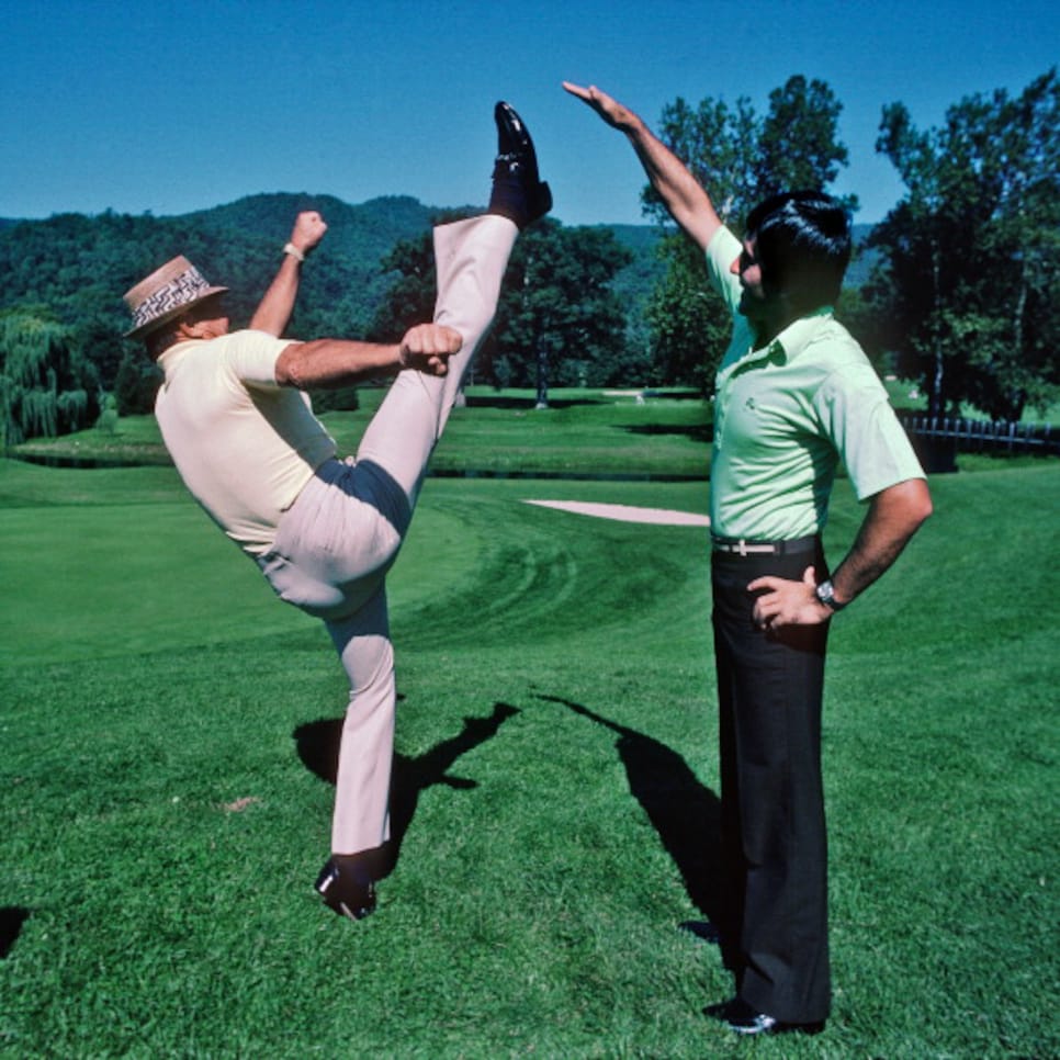 American golfer Sam Snead (left) demonstrates his fitness to Spain\'s Severiano Ballesteros during preparations for the Ryder Cup match being played at The Greenbrier in West Virginia, USA, 1979. (Photo by Phil Sheldon/Popperfoto/Getty Images)