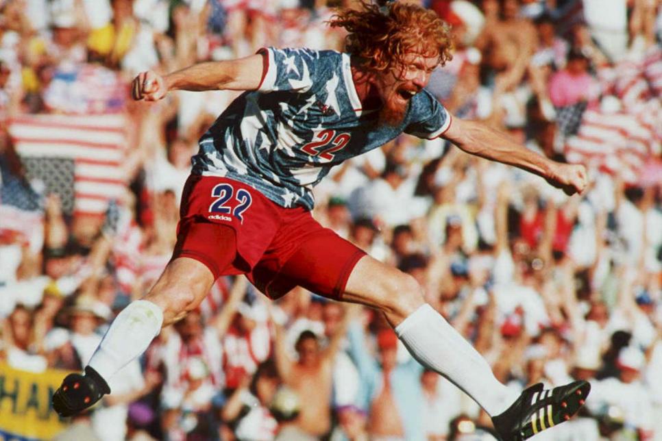 US national team defender Alexi Lalas jumps in the