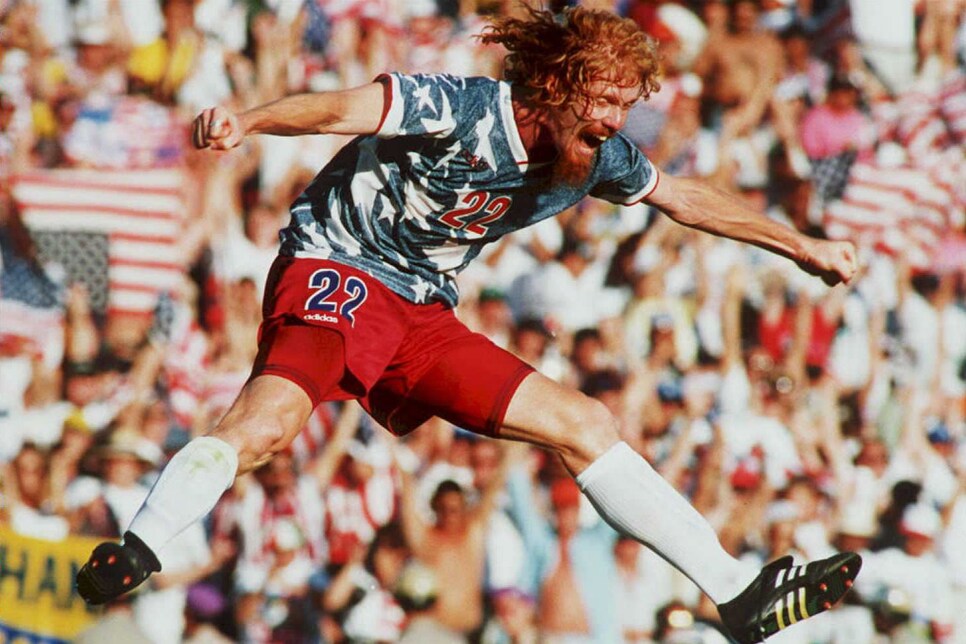 US national team defender Alexi Lalas jumps in the