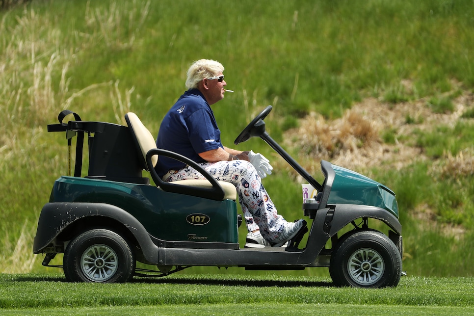 FARMINGDALE, NEW YORK - MAY 16: John Daly of the United States drives a cart on the 11th hole during the first round of the 2019 PGA Championship at the Bethpage Black course on May 16, 2019 in Farmingdale, New York. (Photo by Patrick Smith/Getty Images)