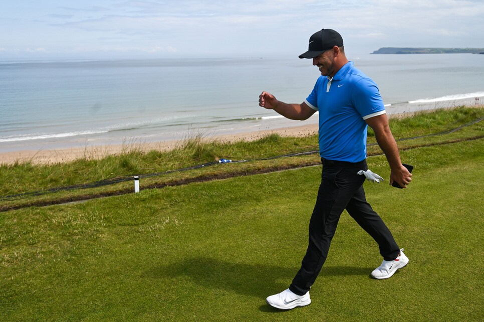 Antrim , Ireland - 16 July 2019; Brooks Koepka of USA makes his way to the 6th tee box during a practice round ahead of the 148th Open Championship at Royal Portrush in Portrush, Co. Antrim. (Photo By Ramsey Cardy/Sportsfile via Getty Images)