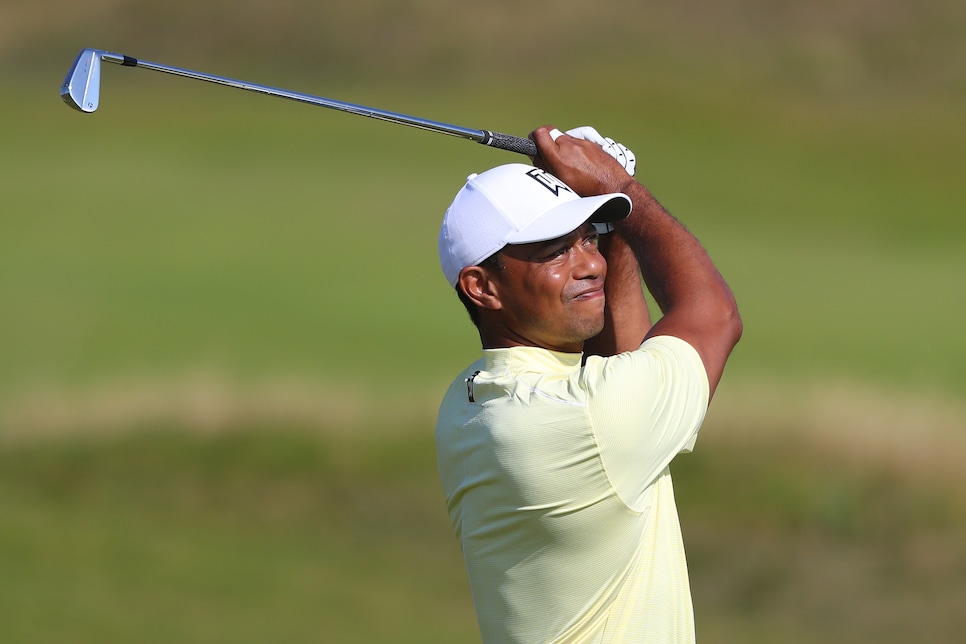 PORTRUSH, NORTHERN IRELAND - JULY 15:  Tiger Woods of the United States plays a shot during a practice round prior to the 148th Open Championship held on the Dunluce Links at Royal Portrush Golf Club on July 15, 2019 in Portrush, United Kingdom. (Photo by Francois Nel/Getty Images)