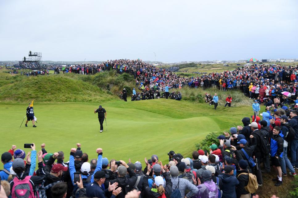 PORTRUSH, NORTHERN IRELAND - JULY 21: Shane Lowry of Ireland acknowledges the crowd on the fourth hole during the final round of the 148th Open Championship held on the Dunluce Links at Royal Portrush Golf Club on July 21, 2019 in Portrush, United Kingdom. (Photo by Jan Kruger/R&A/R&A via Getty Images)
