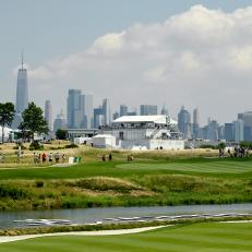 JERSEY CITY, NJ - AUGUST 08: A view of the New York City skyline and hospitality on the 18th fairway during the first round of THE NORTHERN TRUST at Liberty National Golf Club on August 8, 2019 in Jersey City, New Jersey. (Photo by Tracy Wilcox/PGA TOUR)