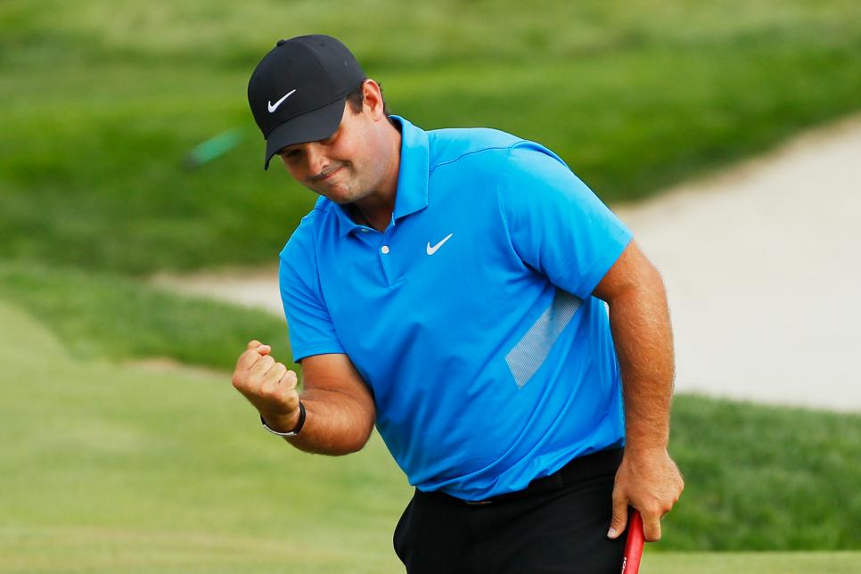 JERSEY CITY, NEW JERSEY - AUGUST 11: Patrick Reed of the United States celebrates on the 15th green during the final round of The Northern Trust at Liberty National Golf Club on August 11, 2019 in Jersey City, New Jersey. (Photo by Kevin C. Cox/Getty Images)