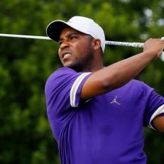 JERSEY CITY, NEW JERSEY - AUGUST 11: Harold Varner III of the United States plays his shot from the ninth tee  during the final round of The Northern Trust at Liberty National Golf Club on August 11, 2019 in Jersey City, New Jersey. (Photo by Kevin C. Cox/Getty Images)