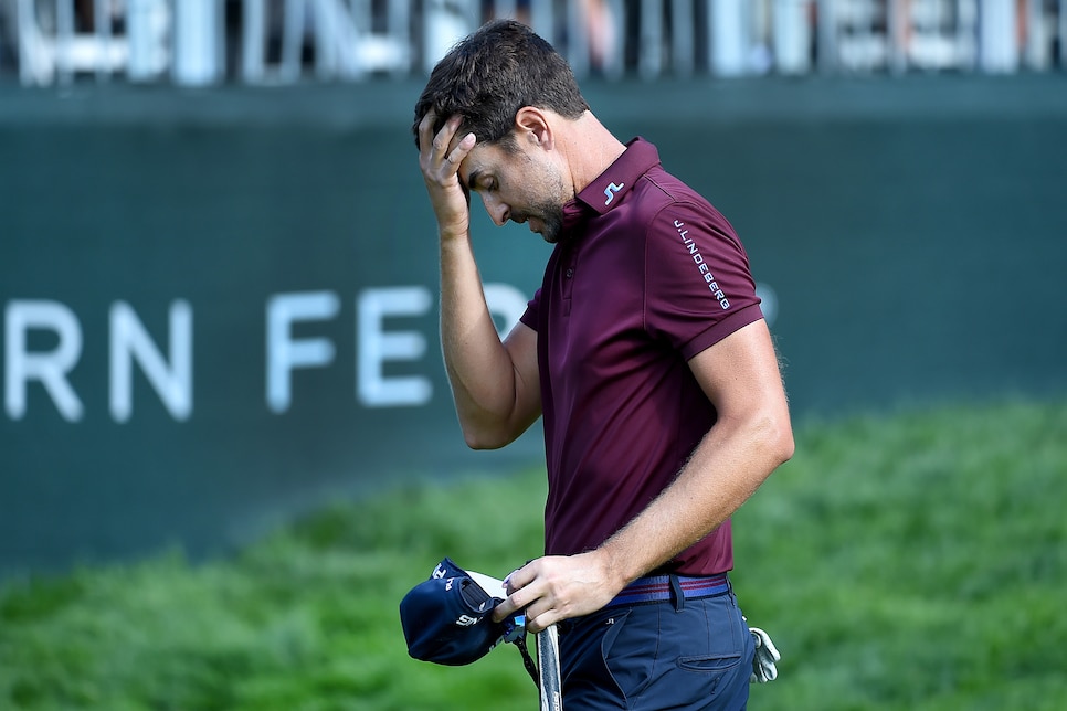 PORTLAND, OREGON - AUGUST 11: Scott Harrington reacts as he walks off the 18th green during the final round of the WinCo Foods Portland Open presented by KraftHeinz at Pumpkin Ridge Ridge Golf Club on August 11, 2019 in Portland, Oregon. Harrington was in the lead for most of the day and ended up finishing second. (Photo by Steve Dykes/Getty Images)