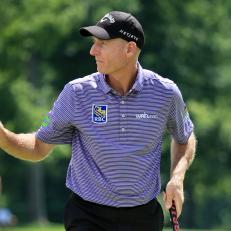 MEDINAH, ILLINOIS - AUGUST 15: Jim Furyk of the United States reacts on the 18th green during the first round of the BMW Championship at Medinah Country Club No. 3 on August 15, 2019 in Medinah, Illinois. (Photo by Andrew Redington/Getty Images)
