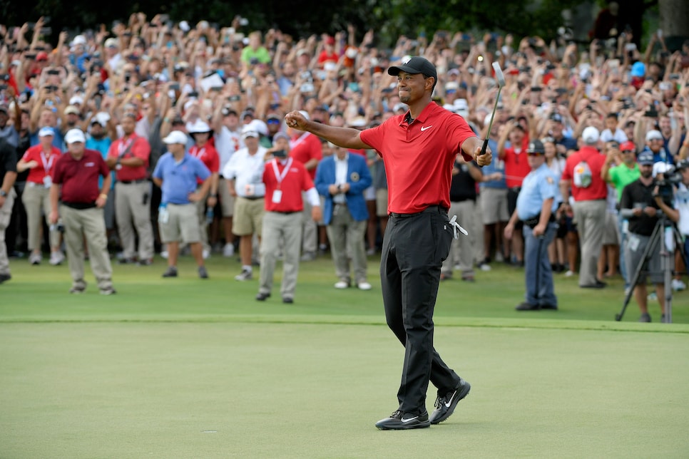 ATLANTA, GA - SEPTEMBER 23: Tiger Woods celebrates his win after the final round of the TOUR Championship at East Lake Golf Club on September 23, 2018, in Atlanta, Georgia. (Photo by Stan Badz/PGA TOUR)