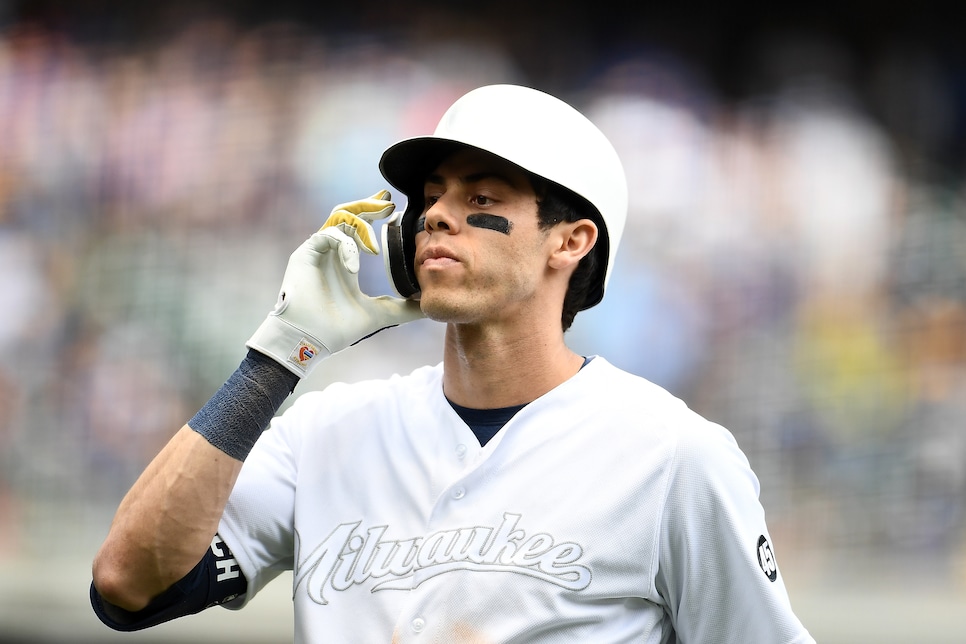 Christian Yelich of the Milwaukee Brewers embraces his brother News  Photo - Getty Images