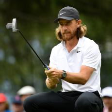 CRANS-MONTANA, SWITZERLAND - SEPTEMBER 01: Tommy Fleetwood of England lines up a putt on the first during Day Four of the Omega European Masters at Crans Montana Golf Club on September 01, 2019 in Crans-Montana, Switzerland. (Photo by Stuart Franklin/Getty Images)