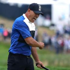 FARMINGDALE, NEW YORK - MAY 19:  Brooks Koepka of the United States celebrates winning on the 18th green during the final round of the US PGA Championship at Bethpage Black Golf Course on May 19, 2019 in Farmingdale, United States. (Photo by Warren Little/Getty Images)