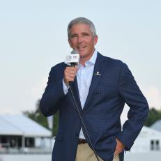 MEMPHIS, TN - JULY 28: PGA TOUR Commissioner Jay Monahan congratulates Brooks Koepka on winning the World Golf Championships-FedEx St. Jude Invitational at TPC Southwind on July 28, 2019 in Memphis, Tennessee. (Photo by Stan Badz/PGA TOUR via Getty Images)