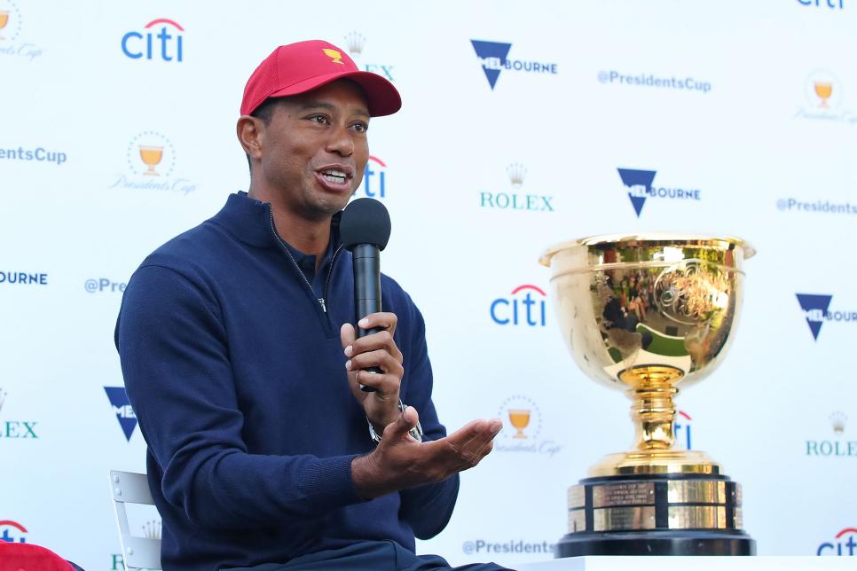 during a Presidents Cup media opportunity at the Yarra Promenade on December 5, 2018 in Melbourne, Australia.
