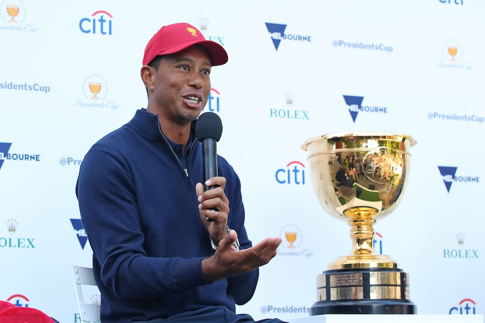 during a Presidents Cup media opportunity at the Yarra Promenade on December 5, 2018 in Melbourne, Australia.