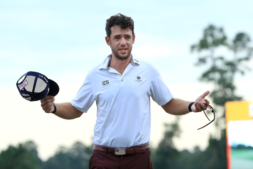 HUMBLE, TEXAS - OCTOBER 13: Lanto Griffin of the United States reacts to his putt on the 18th green to win during the final round of the Houston Open at the Golf Club of Houston on October 13, 2019 in Humble, Texas. (Photo by Sam Greenwood/Getty Images)