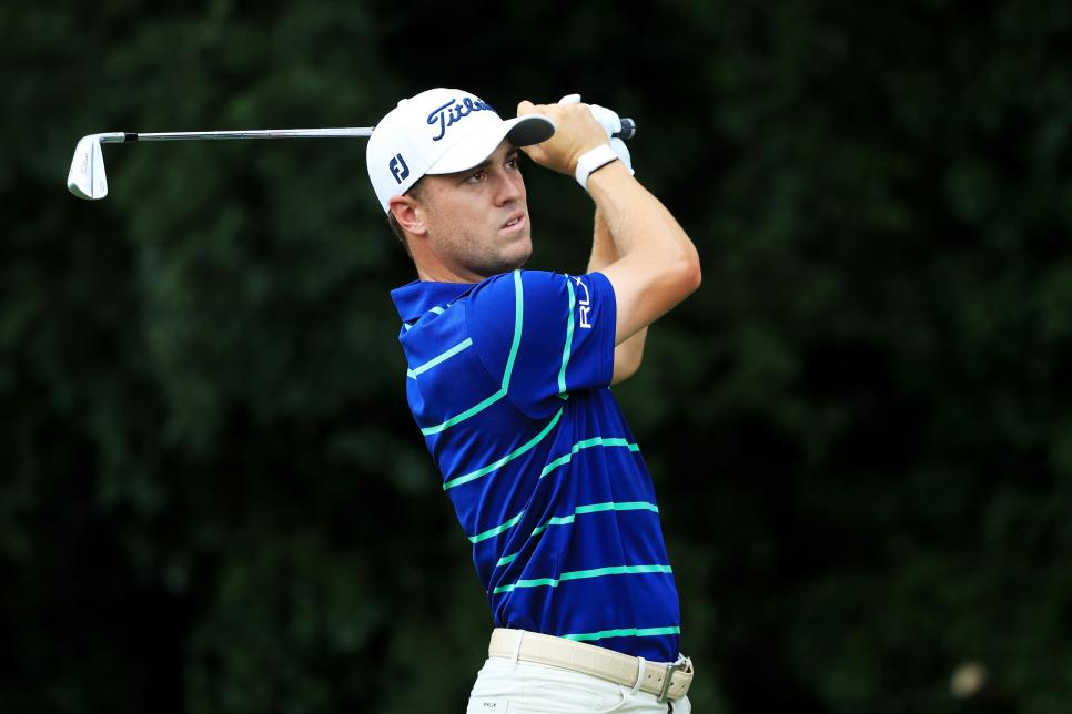 ATLANTA, GEORGIA - AUGUST 24: Justin Thomas of the United States plays his shot from the second tee during the third round of the TOUR Championship at East Lake Golf Club on August 24, 2019 in Atlanta, Georgia. (Photo by Streeter Lecka/Getty Images)