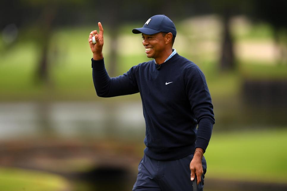 INZAI, JAPAN - OCTOBER 21: Tiger Woods of the United States celebrates on the 6th green during The Challenge: Japan Skins at Accordia Golf Narashino Country Club on October 21, 2019 in Inzai, Chiba, Japan. (Photo by Atsushi Tomura/Getty Images)
