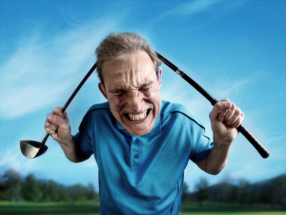 An angry, frustrated golfer bends a club over his head. Wide-angle lens distortion adds a humorous, cartoonish appearance to the subject.