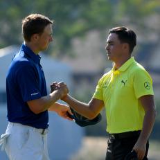 NEWTOWN SQUARE, PA - SEPTEMBER 06: Jordan Spieth and Rickie Fowler shake hands on their final hole of play during the first round of the BMW Championship at Aronimink Golf Club on September 6, 2018 in Newtown Square, Pennsylvania. (Photo by Stan Badz/PGA TOUR)