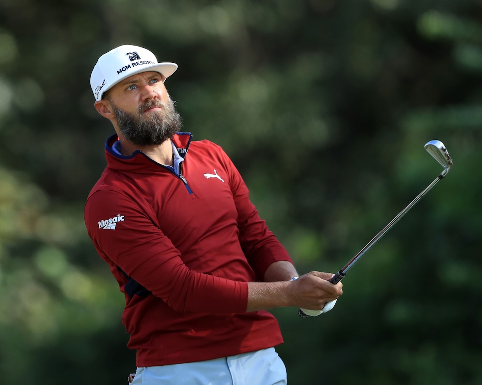 HUMBLE, TEXAS - OCTOBER 11: Graham Delaet of Canada plays his shot from the 14th tee during the second round of the Houston Open at the Golf Club of Houston on October 10, 2019 in Humble, Texas.  (Photo by Sam Greenwood/Getty Images)