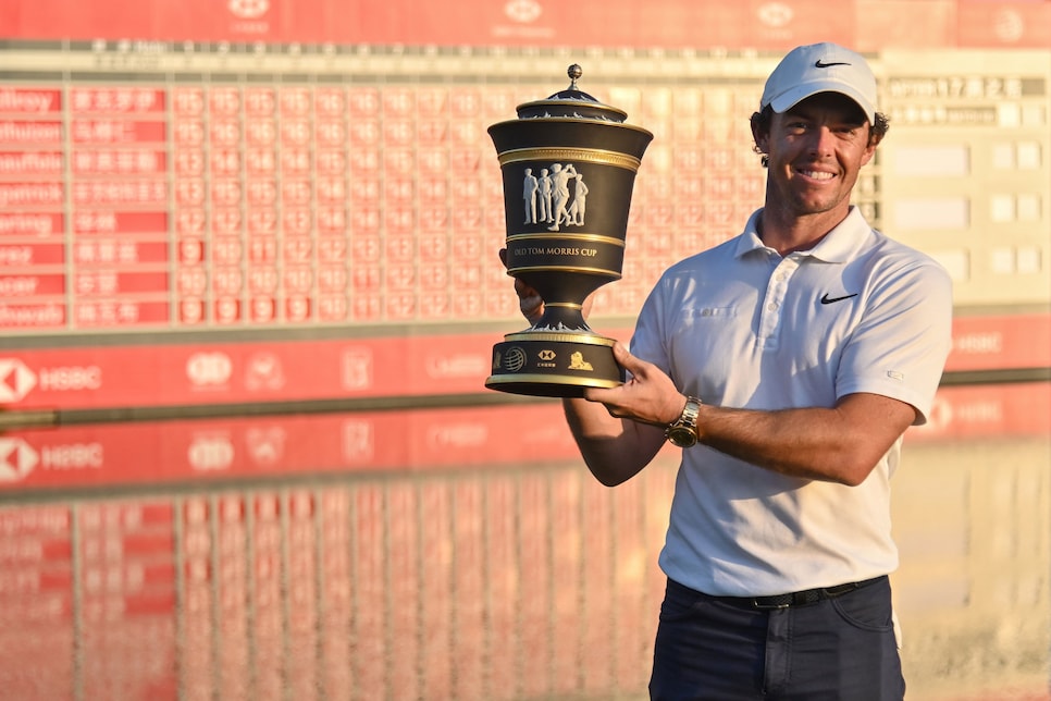 Rory McIlroy of Northern Ireland poses with his trophy after winning in the WGC-HSBC Champions golf tournament in Shanghai on November 3, 2019. (Photo by HECTOR RETAMAL / AFP) (Photo by HECTOR RETAMAL/AFP via Getty Images)