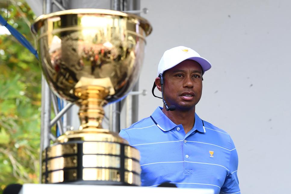 MELBOURNE, AUSTRALIA - DECEMBER 09: Tiger Woods of the USA walks on stage during a 2019 Presidents Cup media opportunity at Riverwalk at Crown Towers on December 09, 2019 in Melbourne, Australia. (Photo by Quinn Rooney/Getty Images)