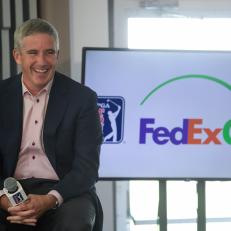 ATLANTA, GA - SEPTEMBER 19: Commissioner Jay Monahan speaks with members of the media during a press conference prior to the start of the TOUR Championship, the final event of the FedExCup Playoffs, at East Lake Golf Club on September 19, 2017 in Atlanta, Georgia. (Photo by Ryan Young/PGA TOUR)