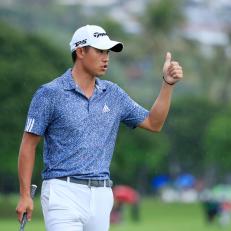 HONOLULU, HAWAII - JANUARY 12: Collin Morikawa of the United States reacts on the 18th green during the final round of the Sony Open in Hawaii at the Waialae Country Club on January 12, 2020 in Honolulu, Hawaii. (Photo by Cliff Hawkins/Getty Images)