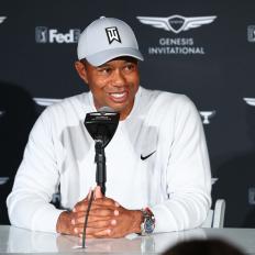 PACIFIC PALISADES, CALIFORNIA - FEBRUARY 11: Tiger Woods speaks during a press conference during the Genesis Invitational - Preview Day 2 on February 11, 2020 in Pacific Palisades, California. (Photo by Joe Scarnici/Getty Images)