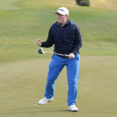 TARRAGONA, SPAIN - NOVEMBER 20: Dave Coupland of England celebrates after finishing his round and qualifying for the European Tour during day six of the European Tour Qualifying School Final Stage at Lumine Lakes Golf Course on November 20, 2019 in Tarragona, Spain. (Photo by Aitor Alcalde/Getty Images)