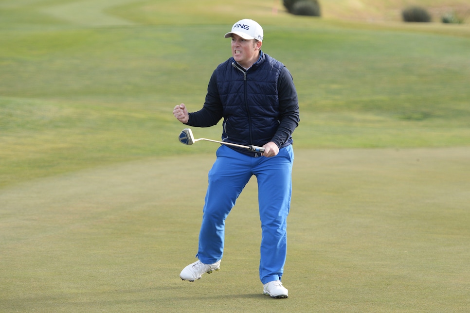 TARRAGONA, SPAIN - NOVEMBER 20: Dave Coupland of England celebrates after finishing his round and qualifying for the European Tour during day six of the European Tour Qualifying School Final Stage at Lumine Lakes Golf Course on November 20, 2019 in Tarragona, Spain. (Photo by Aitor Alcalde/Getty Images)