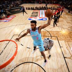 CHICAGO, IL - FEBRUARY 15: Derrick Jones Jr. #5 of the Miami Heat participates in the 2020 NBA All-Star - AT&T Slam Dunk on February 15, 2020 at the United Center in Chicago, Illinois. NOTE TO USER: User expressly acknowledges and agrees that, by downloading and or using this photograph, User is consenting to the terms and conditions of the Getty Images License Agreement. Mandatory Copyright Notice: Copyright 2020 NBAE (Photo by Jesse D. Garrabrant/NBAE via Getty Images)