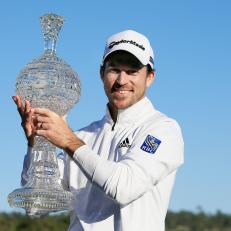 PEBBLE BEACH, CALIFORNIA - FEBRUARY 09:  Nick Taylor of Canada poses with the trophy after winning the AT&T Pebble Beach Pro-Am at Pebble Beach Golf Links on February 09, 2020 in Pebble Beach, California. (Photo by Chris Trotman/Getty Images)