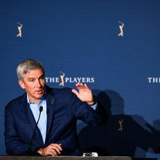 PONTE VEDRA BEACH, FL - MARCH 13:  PGA TOUR Commissioner Jay Monahan speaks during a press conference following the cancellation of THE PLAYERS Championship on The Stadium Course at TPC Sawgrass on March 13, 2020, in Ponte Vedra Beach, Florida. (Photo by Keyur Khamar/PGA TOUR via Getty Images)