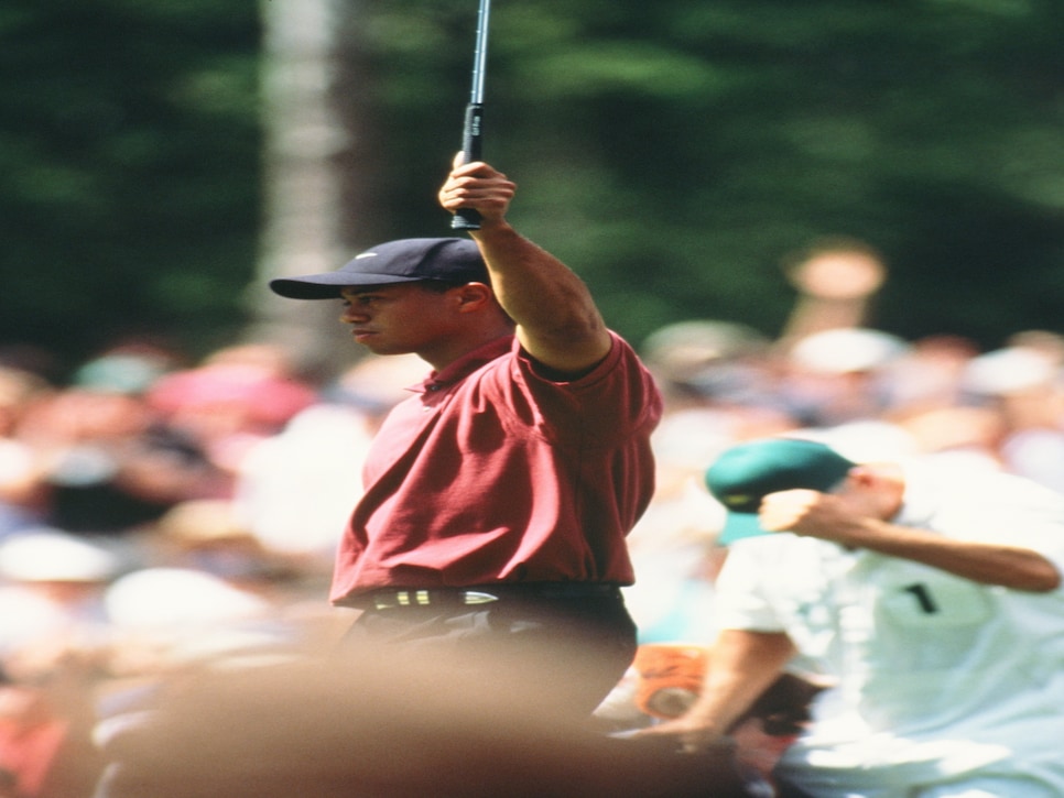 Tiger Woods Celebrates His Putt During The 2002 Masters Tournament