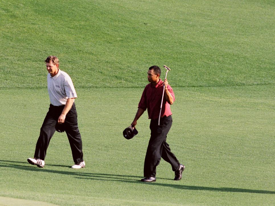 Tiger Woods And Retief Goosen Walk To The 18th Green During The 2002 Masters Tournament