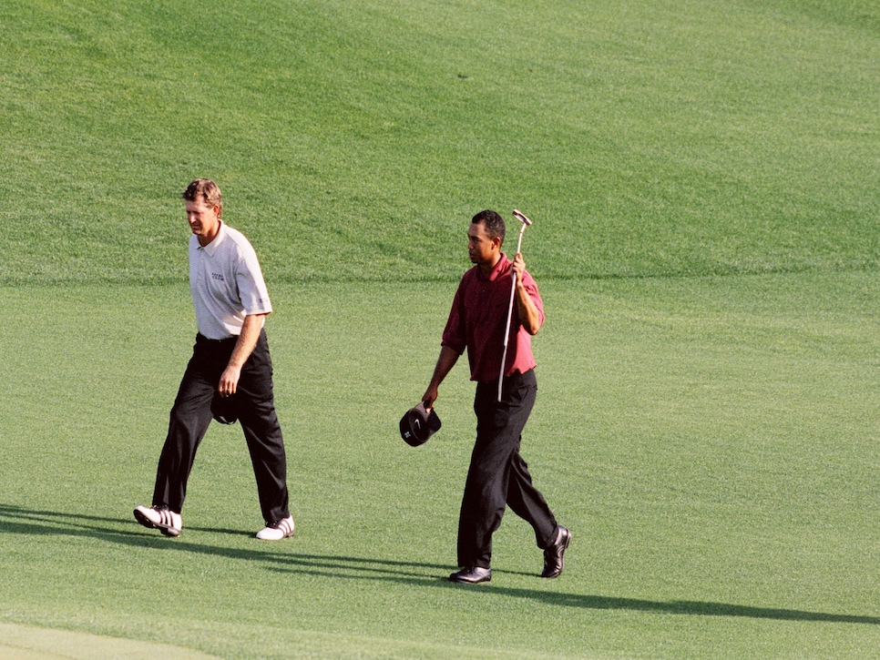 Tiger Woods And Retief Goosen Walk To The 18th Green During The 2002 Masters Tournament