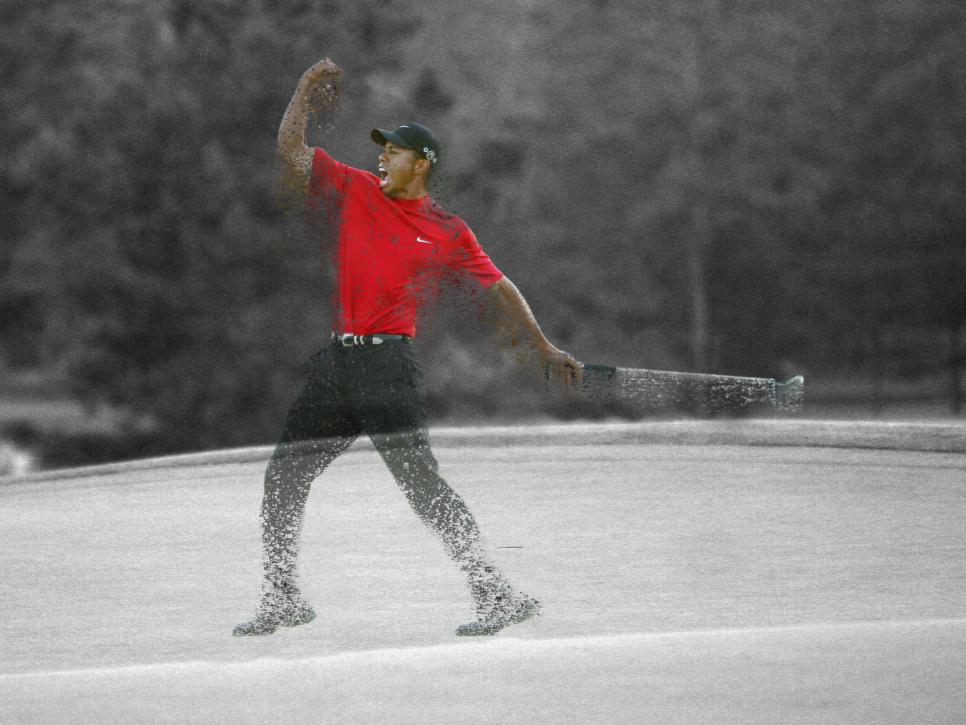 AUGUSTA, GA - APRIL 10:  Tiger Woods celebrates after sinking a putt on the first playoff hole to win the 2005 Masters on April 10, 2005 at Augusta National Golf Course in Augusta, Georgia.  (Photo By Jamie Squire/Getty Images for Golfweek)