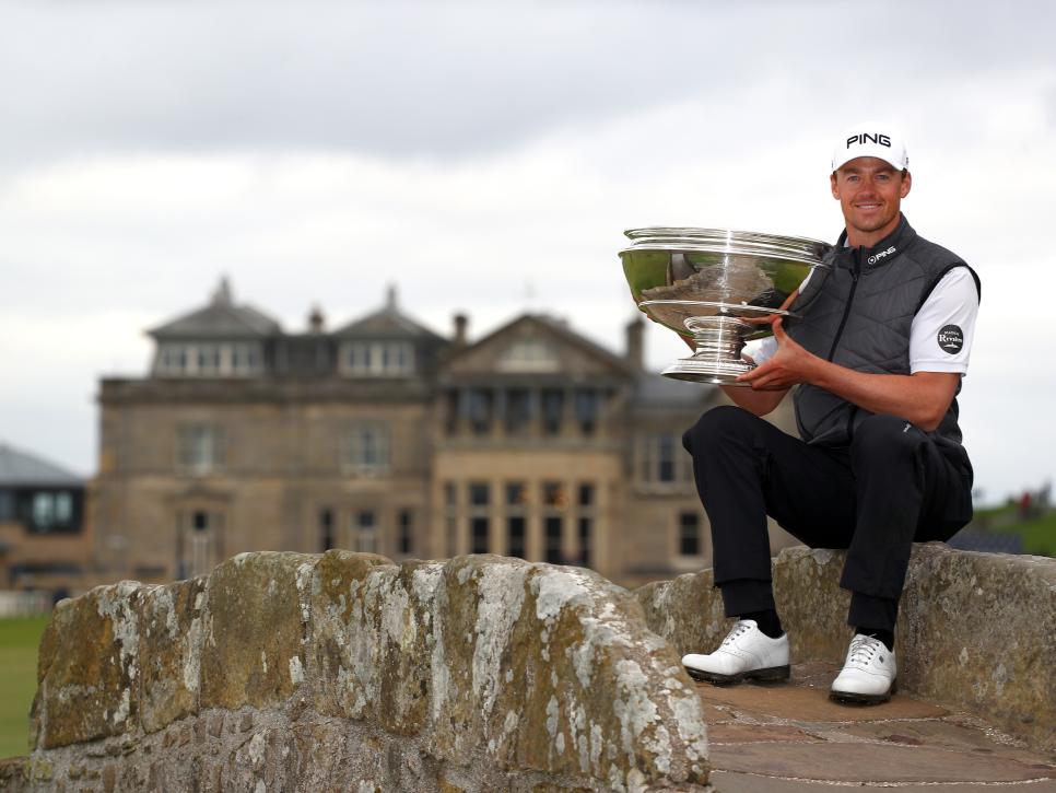 ST ANDREWS, SCOTLAND - SEPTEMBER 29: Winner, Victor Perez of France poses with the trophy on the Swilken Bridge on the 18th hole  during Day four of the Alfred Dunhill Links Championship at The Old Course on September 29, 2019 in St Andrews, United Kingdom. (Photo by Matthew Lewis/Getty Images)