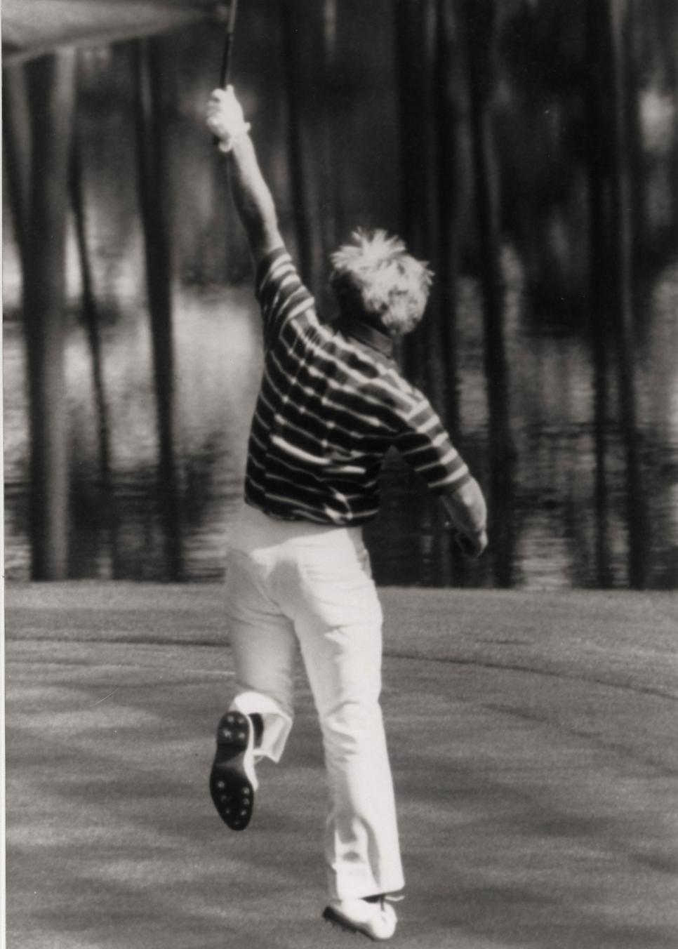 Jack Nicklaus Reacts On The 16th Green During A Masters Tournament