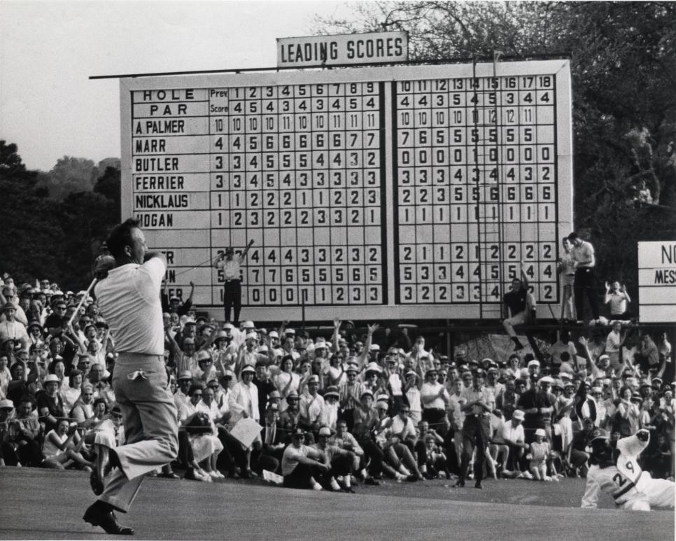 Arnold Palmer Reacts To His Winning Putt On The 18th Green During The 1964 Masters Tournament